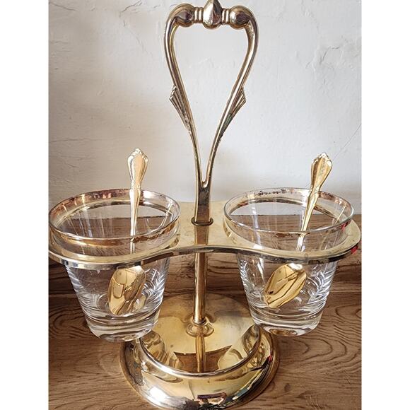 Vintage Mid-Century Gold Tone 2 Condiment Server Carousel With Spoons MCM - Picture 8 of 9